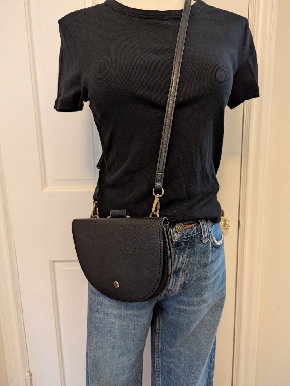 Anthropologie Black Pebbled Leather Crossbody Saddle Bag